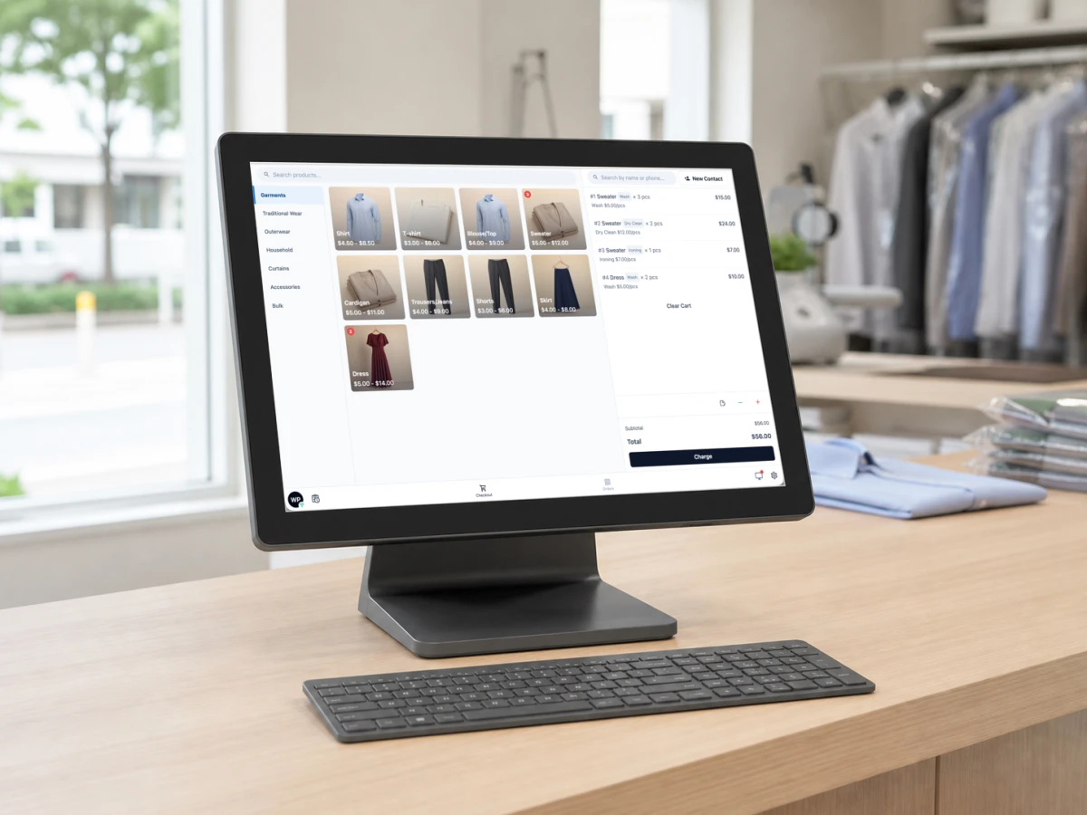 洗衣店柜台上的触摸屏 POS 终端和键盘，屏幕上显示 EasyBiz 结账界面，包含衣物价格和顾客的购物车。