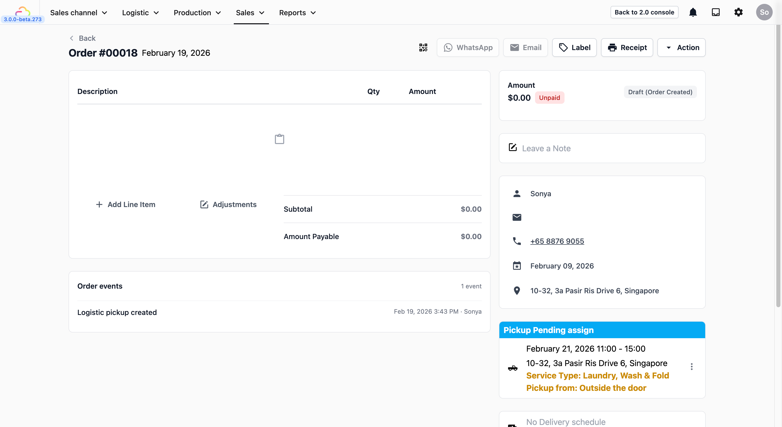 Screenshot of the EasyBiz Order Dashboard with a new sales order created from a customer's Mini App booking form