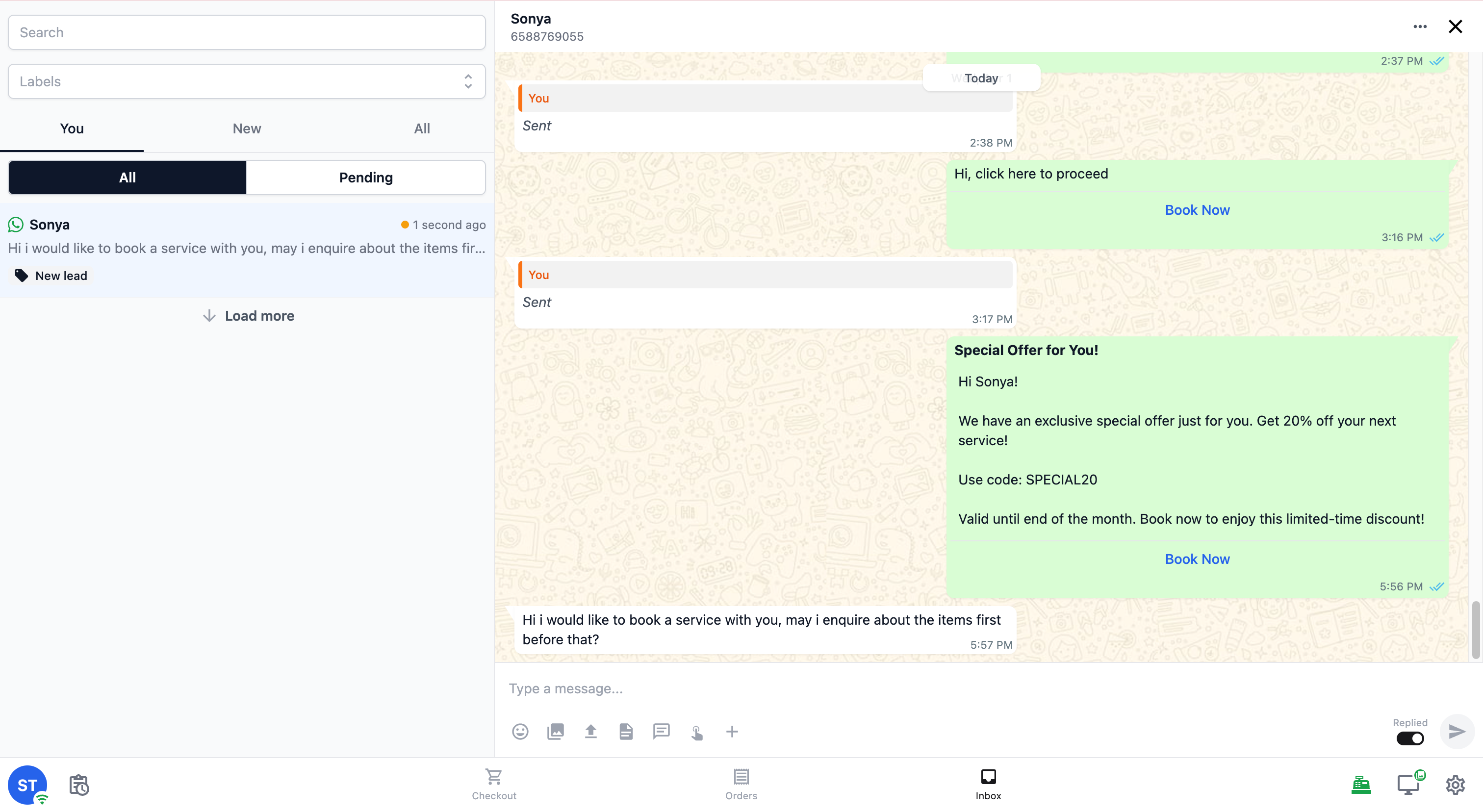 Screenshot of the EasyBiz POS counter view with the WhatsApp Inbox panel open alongside the order screen